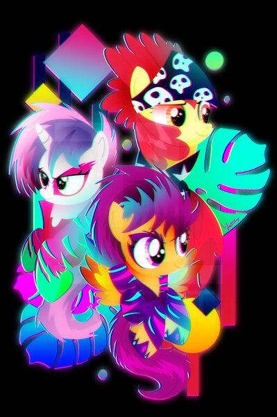 Size: 600x903 | Tagged: safe, artist:ii-art, derpibooru import, apple bloom, scootaloo, sweetie belle, pony, clothes, cutie mark crusaders, female, filly, outrun, show stopper outfits, smiling, synthwave, vaporwave