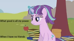 Size: 1920x1080 | Tagged: safe, artist:agrol, derpibooru import, edit, starlight glimmer, pony, unicorn, apple, bag, book, female, food, glowing horn, magic, solo, teenage glimmer, teenager, text, tree, you must remember, younger, youtube link