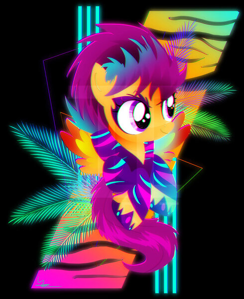 Size: 600x734 | Tagged: safe, artist:ii-art, derpibooru import, scootaloo, pony, chromatic aberration, clothes, female, filly, outrun, show stopper outfits, smiling, solo, synthwave, vaporwave