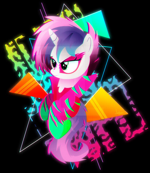 Size: 600x689 | Tagged: safe, artist:ii-art, derpibooru import, sweetie belle, pony, unicorn, chromatic aberration, clothes, female, filly, outrun, show stopper outfits, smiling, solo, synthwave, vaporwave