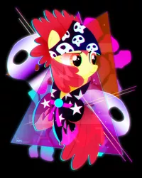 Size: 600x750 | Tagged: safe, artist:ii-art, derpibooru import, apple bloom, earth pony, pony, bandana, chromatic aberration, clothes, female, filly, outrun, show stopper outfits, smiling, solo, synthwave, vaporwave