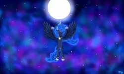 Size: 1280x768 | Tagged: artist:tlmoonguardian, clothes, crown, derpibooru import, glow, glowing horn, jewelry, magic, moon, night, peytral, princess luna, regalia, safe, shiny, shoes, sky, solo, stars, wings