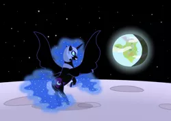 Size: 3504x2480 | Tagged: safe, artist:malte279, derpibooru import, nightmare moon, alicorn, pony, banishment, earth, ethereal mane, female, mare, moon, rearing, solo, space, spread wings, starry mane, stars, wings