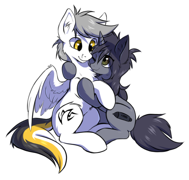 Size: 1340x1280 | Tagged: safe, artist:hioshiru, artist:kejifox, derpibooru import, oc, oc:kate, oc:kej, unofficial characters only, pegasus, pony, unicorn, 2018 community collab, derpibooru community collaboration, collaboration, couple, cute, duo, eye contact, hug, k+k, looking at each other, simple background, smiling, transparent background