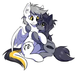Size: 1340x1280 | Tagged: safe, artist:hioshiru, artist:kejifox, derpibooru import, oc, oc:kate, oc:kej, unofficial characters only, pegasus, pony, unicorn, 2018 community collab, derpibooru community collaboration, collaboration, couple, cute, duo, eye contact, hug, k+k, looking at each other, simple background, smiling, transparent background
