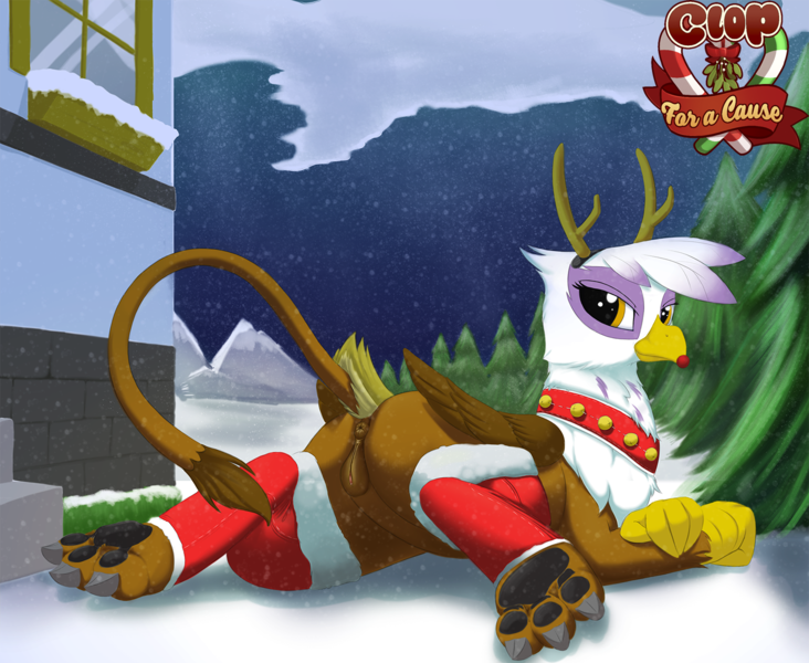 Size: 1500x1230 | Tagged: explicit, artist:graboiidz, derpibooru import, gilda, gryphon, art pack:clop for a cause 3, antlers, anus, ass, bell, butt, christmas, collar, female, holiday, image, leg warmers, nudity, paw pads, paws, png, prone, red nose, snow, snowfall, solo, solo female, underpaw, vulva