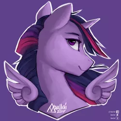 Size: 1500x1500 | Tagged: safe, artist:varllai, derpibooru import, twilight sparkle, twilight sparkle (alicorn), alicorn, pony, bust, female, floating wings, head, horn, mare, portrait, profile, purple background, simple background, smiling, solo, wings