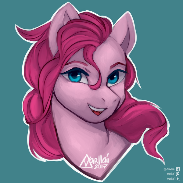 Size: 1500x1500 | Tagged: safe, artist:varllai, derpibooru import, pinkie pie, earth pony, pony, bust, female, green background, mare, portrait, simple background, smiling, solo