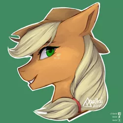 Size: 1500x1500 | Tagged: safe, artist:varllai, derpibooru import, applejack, earth pony, pony, bust, female, green background, hat, mare, portrait, profile, simple background, smiling, solo