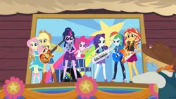 Size: 1920x1080 | Tagged: safe, derpibooru import, screencap, applejack, fluttershy, pinkie pie, rainbow dash, rarity, sci-twi, sunset shimmer, twilight sparkle, equestria girls, equestria girls series, road trippin, bass guitar, drums, flying v, geode of empathy, geode of fauna, geode of shielding, geode of sugar bombs, geode of super speed, geode of super strength, geode of telekinesis, guitar, humane five, humane seven, humane six, keytar, magical geodes, musical instrument, stage, tambourine, the rainbooms