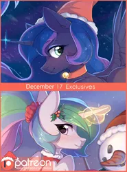 Size: 2082x2809 | Tagged: safe, artist:fensu-san, derpibooru import, princess celestia, princess luna, alicorn, pony, bell, bell collar, cat bell, christmas, collar, female, glowing horn, hat, holiday, holly, looking back, mare, patreon, patreon logo, patreon preview, paywall content, royal sisters, santa hat, smiling, snowman