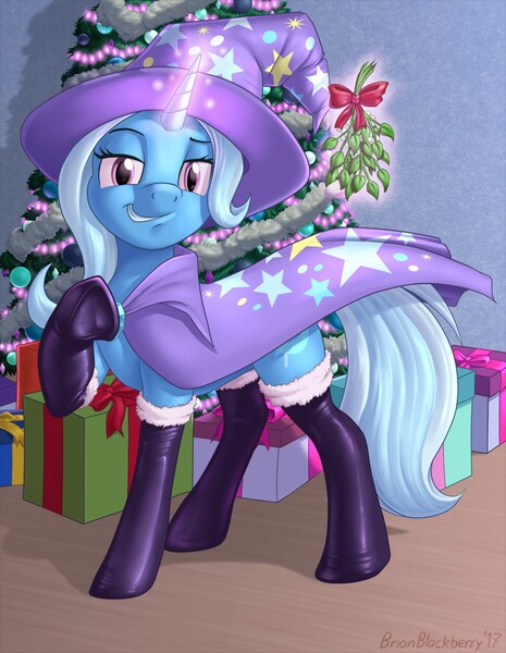 Size: 992x1280 | Tagged: safe, artist:brianblackberry, derpibooru import, trixie, pony, unicorn, cape, christmas, christmas tree, clothes, female, glowing horn, hat, holiday, looking at you, mare, mistletoe, pointing, present, raised hoof, smiling, smirk, socks, solo, thigh highs, tree, trixie's cape, trixie's hat