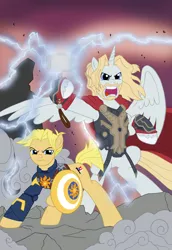 Size: 2107x3068 | Tagged: safe, artist:edcom02, artist:jmkplover, derpibooru import, ponified, alicorn, earth pony, pony, avengers, captain america, captain equestria, crossover, hammer, lightning, male, marvel, shield, stallion, steve rogers, thor