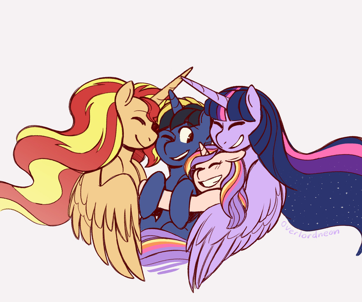 Size: 1800x1502 | Tagged: safe, artist:overlordneon, derpibooru import, sunset shimmer, twilight sparkle, twilight sparkle (alicorn), oc, oc:dusk eclipse, oc:nova dawn, alicorn, unicorn, alicorn oc, alicornified, colt, family, family photo, female, filly, lesbian, magical lesbian spawn, male, offspring, parent:sunset shimmer, parent:twilight sparkle, parents:sunsetsparkle, race swap, shimmercorn, shipping, simple background, smiling, sunsetsparkle, white background