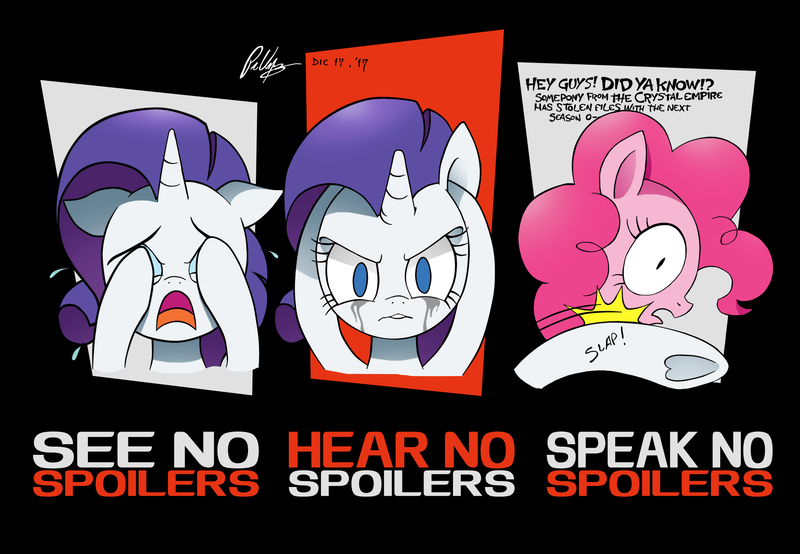 Size: 2338x1620 | Tagged: safe, artist:branewashpv, derpibooru import, pinkie pie, rarity, earth pony, pony, unicorn, abuse, bust, comic, crying, dialogue, female, looking at you, mare, no spoilers, open mouth, pinkiebuse, signature, slap, slapping, three wise monkeys, underhoof