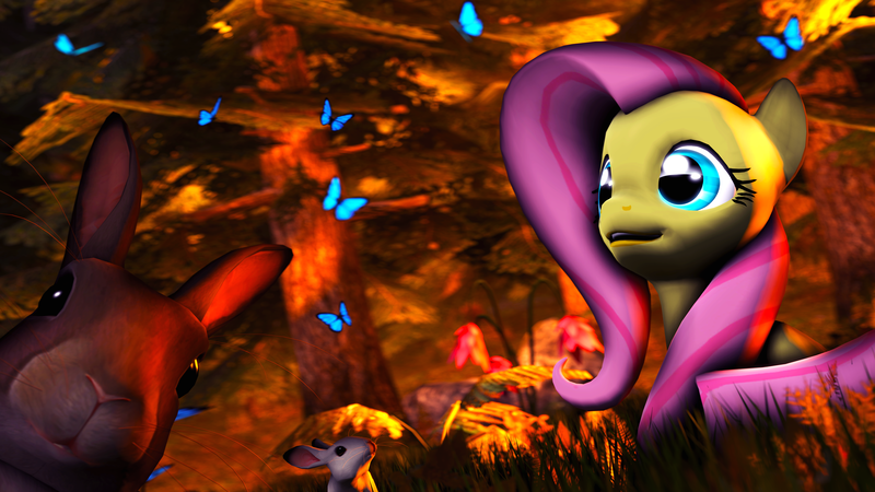 Size: 3840x2160 | Tagged: 3d, artist:wiizzie, butterfly, derpibooru import, fluttershy, high res, rabbit, safe, solo, tree