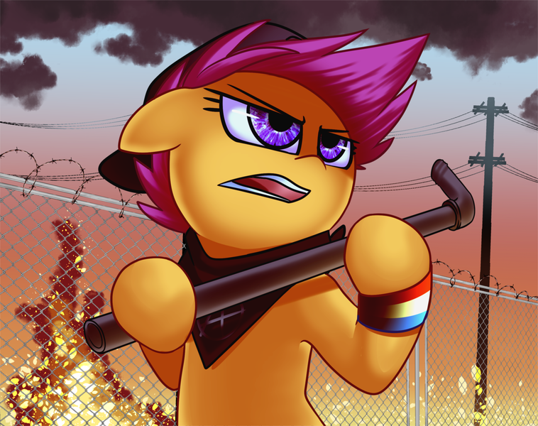 Size: 2400x1900 | Tagged: dead source, safe, artist:php69, derpibooru import, scootaloo, pony, barbed wire, bracelet, cap, cloud, explosion, female, fence, filly, hat, holding, jewelry, lead pipe, pipe (plumbing), sky, solo, tree, weapon