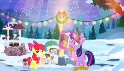 Size: 900x517 | Tagged: alicorn, apple bloom, artist:pixelkitties, book, bow, christmas, christmas lights, clothes, derpibooru import, holiday, lights, pipsqueak, pole, safe, scarf, snow, tongue stuck to pole, twilight sparkle, twilight sparkle (alicorn), well, winter, wreath