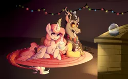 Size: 1024x640 | Tagged: safe, artist:artistofthegeeks, derpibooru import, discord, princess celestia, alicorn, draconequus, chocolate, dislestia, female, fireplace, food, glowing horn, horn, hot chocolate, lights, looking at each other, magic, male, rug, shipping, snow globe, straight, telekinesis, wings