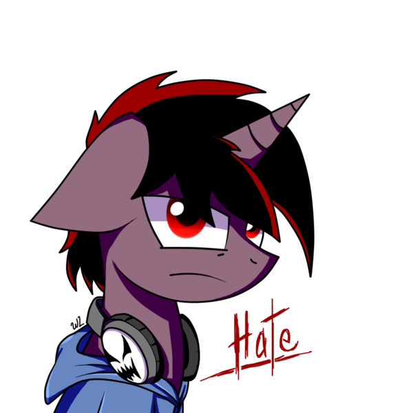 Size: 1000x1000 | Tagged: safe, artist:whitelie, derpibooru import, oc, oc:hate, unofficial characters only, unicorn, headphones, sicksona, simple background, solo, transparent background