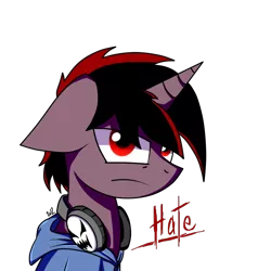 Size: 1000x1000 | Tagged: safe, artist:whitelie, derpibooru import, oc, oc:hate, unofficial characters only, unicorn, headphones, sicksona, simple background, solo, transparent background