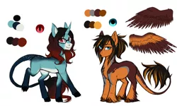 Size: 5000x3000 | Tagged: safe, artist:askbubblelee, derpibooru import, oc, oc:annie belle, oc:daniel dasher, unofficial characters only, dracony, hybrid, pegasus, pony, unicorn, brother and sister, cloven hooves, female, glasses, leonine tail, looking at you, male, mare, redesign, reference sheet, smiling, stallion