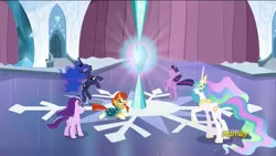 Size: 1280x720 | Tagged: alicorn, crystal heart, derpibooru import, discovery family logo, princess cadance, princess celestia, princess luna, safe, screencap, snow, snowflake, starlight glimmer, sunburst, the crystalling, twilight sparkle, twilight sparkle (alicorn)