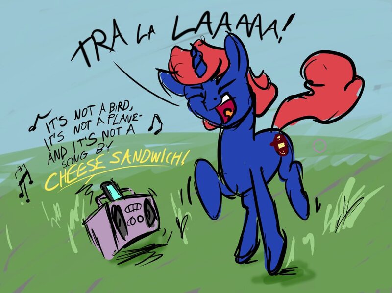 Size: 965x721 | Tagged: safe, artist:snapai, derpibooru import, oc, oc:avery, unofficial characters only, pony, unicorn, boombox, captain underpants, dancing, dialogue, eyes closed, implied cheese sandwich, music, music notes, open mouth, solo, tra la la