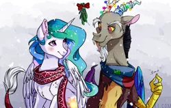 Size: 1131x714 | Tagged: safe, artist:hikariviny, derpibooru import, discord, princess celestia, alicorn, draconequus, pony, christmas, christmas lights, clothes, dislestia, female, holiday, looking at each other, male, mare, mistletoe, scarf, shipping, snow, snowfall, straight