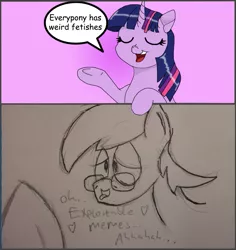 Size: 905x960 | Tagged: artist:moonatik, artist:usattesa, derpibooru import, dialogue, ear, edit, editor:moonatik, everypony has weird fetishes, exploitable meme, meme, meta, oc, oc:moonatik, offscreen character, safe, traditional art, twilight sparkle