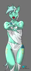 Size: 1013x2275 | Tagged: safe, alternate version, artist:thunderblitz1, derpibooru import, lyra heartstrings, anthro, unicorn, both cutie marks, clothes, female, heart hands, skimpy, toga