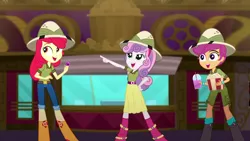 Size: 1280x720 | Tagged: safe, derpibooru import, screencap, apple bloom, scootaloo, sweetie belle, eqg summertime shorts, equestria girls, the canterlot movie club, belt, boots, cinema, clothes, cutie mark crusaders, food, open mouth, popcorn, shoes, short pants, skirt, slushie, straw, theater, ticket