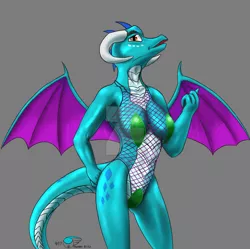 Size: 1024x1020 | Tagged: anthro, armpits, artist:thunderblitz1, breasts, clothes, covered nipples, derpibooru import, dragon, dragoness, female, horns, mesh, princess ember, skimpy, suggestive, swimsuit, tail, watermark, wings
