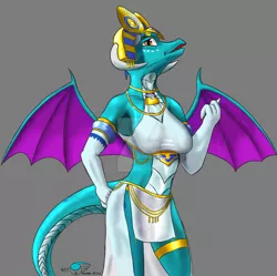 Size: 1024x1020 | Tagged: anthro, armpits, artist:thunderblitz1, breasts, clothes, costume, derpibooru import, dragon, empress, female, gold, headpiece, jewelry, princess, princess ember, safe, scales, tail, watermark, wings