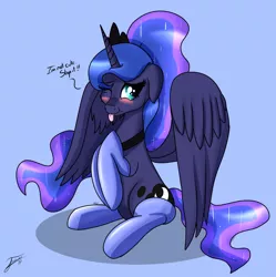 Size: 2301x2306 | Tagged: safe, artist:nexcoyotlgt, derpibooru import, princess luna, alicorn, pony, :p, :t, alternate hairstyle, blatant lies, blue background, blushing, cheek fluff, clothes, cute, female, floppy ears, i'm not cute, lunabetes, mare, one eye closed, ponytail, silly, silly pony, simple background, sitting, smiling, socks, solo, spread wings, stockings, thigh highs, tongue out, weapons-grade cute, wings, wink