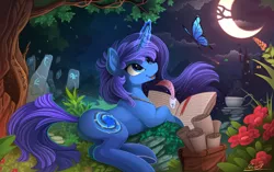 Size: 4500x2828 | Tagged: safe, artist:yakovlev-vad, derpibooru import, oc, oc:racquel silverspirit, unofficial characters only, butterfly, pony, unicorn, book, crescent moon, female, journal, levitation, magic, mare, moon, night, open mouth, patreon, patreon reward, prone, rune stone, runes, scenery, solo, telekinesis, tree