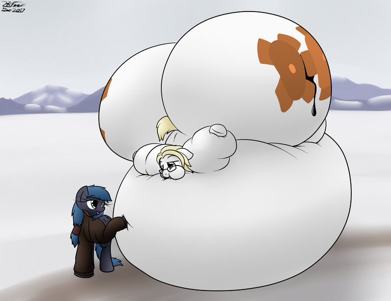 Size: 2565x1972 | Tagged: questionable, artist:the-furry-railfan, derpibooru import, oc, oc:night strike, oc:parchment bleach, unofficial characters only, earth pony, pegasus, pony, belly, bingo wings, blimp, clothes, dirt road, glasses, huge butt, impossibly large belly, impossibly large butt, inflation, jacket, large butt, mountain, mountain range, overcast, poking, puffy cheeks, snow, squishy, story included