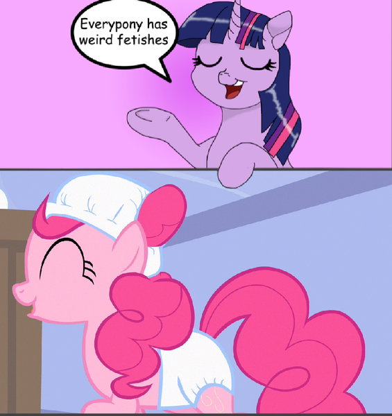 Size: 904x960 | Tagged: artist:usattesa, baby cakes, derpibooru import, diaper, diaper fetish, diaper on head, edit, everypony has weird fetishes, eyes closed, fetish, meme, outfit catalog, pinkie pie, questionable, raised hoof, screencap, smiling, solo, sugarcube corner, twilight sparkle