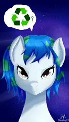 Size: 1080x1920 | Tagged: safe, artist:dashy21, derpibooru import, oc, oc:earth-chan, ponified, unofficial characters only, pony, earth, looking at you, planet, recycling, solo, space, speech bubble