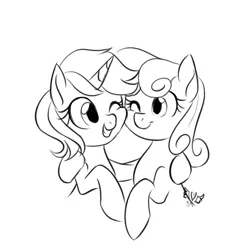 Size: 1500x1500 | Tagged: safe, artist:sapphirescarletta, derpibooru import, bon bon, lyra heartstrings, sweetie drops, earth pony, pony, unicorn, black and white, cheek squish, duo, female, grayscale, hug, lesbian, looking at each other, lyrabon, mare, monochrome, one eye closed, shipping, sketch, smiling, squishy cheeks