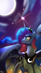 Size: 2700x4800 | Tagged: safe, artist:renokim, derpibooru import, princess luna, alicorn, pony, crown, female, looking back, mare, moon, night, smiling, solo, spread wings, stars, wings