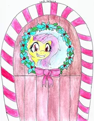 Size: 777x1000 | Tagged: safe, artist:astevenamedwolf, derpibooru import, fluttershy, bat pony, pony, christmas wreath, cute, door, fangs, flutterbat, grin, holly, looking at you, messy mane, race swap, red eyes, shyabetes, smiling, solo, squee, traditional art, window, wreath