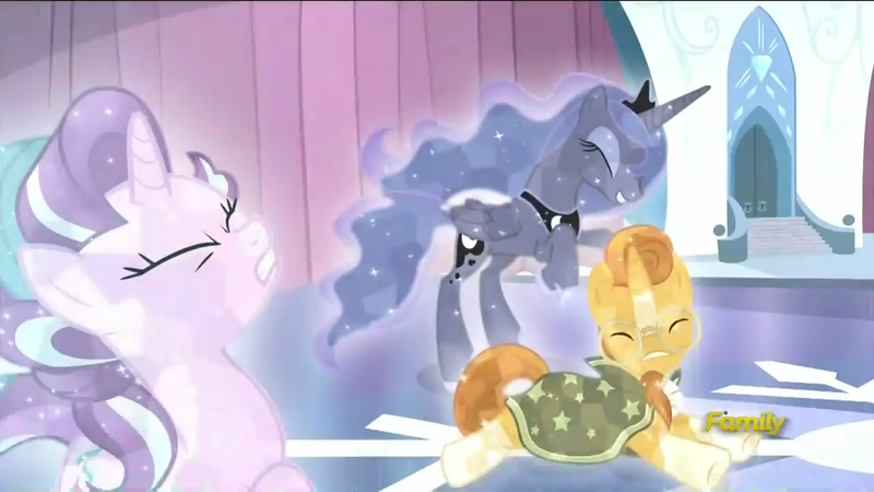 1280069 - safe, derpibooru import, screencap, princess luna, starlight  glimmer, sunburst, alicorn, crystal pony, unicorn, the crystalling, crystal  empire, crystallized, eyes closed, female, glasses, male - Twibooru