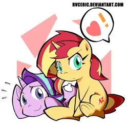 Size: 1100x1100 | Tagged: safe, artist:rvceric, derpibooru import, starlight glimmer, sunset shimmer, pony, unicorn, angry, blushing, cute, duo, exclamation point, female, floppy ears, frown, glimmerbetes, heart, looking at you, lying, lying down, mare, pictogram, shimmerbetes, simple background, sitting, smiling, speech bubble, wavy mouth, white background