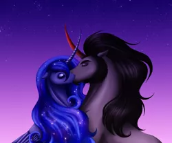 Size: 1952x1618 | Tagged: safe, artist:silverwolf866, derpibooru import, king sombra, princess luna, alicorn, pony, unicorn, beard, curved horn, eyes closed, facial hair, female, floppy ears, goatee, horns are touching, kissing, lumbra, male, mare, shipping, sitting, stallion, starry night, stars, straight, sunset