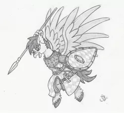 Size: 1915x1743 | Tagged: artist:sensko, classical hippogriff, derpibooru import, fantasy class, flying, grayscale, hippogriff, javelin, kite shield, knight, monochrome, normandy, oc, pencil drawing, prance, safe, scabbard, shield, simple background, sketch, solo, sword, traditional art, unofficial characters only, warrior, weapon, white background
