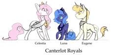 Size: 1600x717 | Tagged: safe, artist:torusthescribe, derpibooru import, princess celestia, princess luna, oc, oc:eugene, pony, unicorn, leonine tail, male, pink-mane celestia, royal sisters, s1 luna, simple background, stallion, transparent background