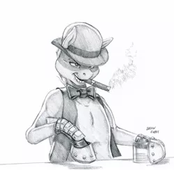 Size: 1300x1267 | Tagged: anthro, artist:baron engel, bowler hat, bowtie, cigar, clothes, derpibooru import, grayscale, hat, monochrome, oc, oc:heartbreaker, pencil drawing, safe, simple background, smoking, solo, traditional art, unofficial characters only, white background