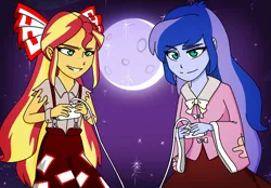 Size: 1376x960 | Tagged: safe, artist:fantasygerard2000, derpibooru import, princess luna, sunset shimmer, equestria girls, alternate hairstyle, clothes, controller, duo, fujiwara no mokou, houraisan kaguya, lunaguya, moon, night, pc-engine, stars, touhou, vice principal luna