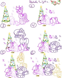 Size: 1280x1611 | Tagged: safe, artist:adorkabletwilightandfriends, derpibooru import, moondancer, spike, starlight glimmer, twilight sparkle, twilight sparkle (alicorn), alicorn, dragon, pony, unicorn, comic:adorkable twilight and friends, adorkable twilight, chest fluff, christmas, christmas stocking, christmas tree, comic, cookie, cute, eyes closed, female, food, hearth's warming, hearth's warming eve, hearth's warming tree, heartwarming, holiday, lidded eyes, lineart, looking down, male, mama twilight, mare, pony pile, prone, shipping, simple background, sleeping, slice of life, smiling, sparlight, straight, tree, white background, z, zzz